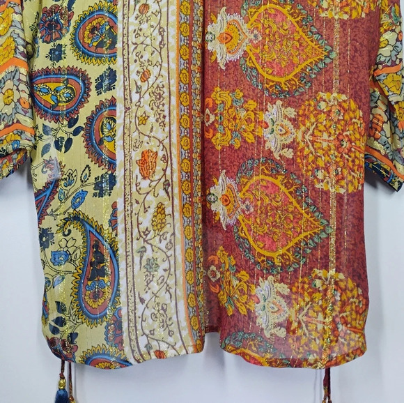Desigual Boho Moroccan Paisley Sheer Blouse Tie Waist Tassels Button Down Large - Picture 6 of 16